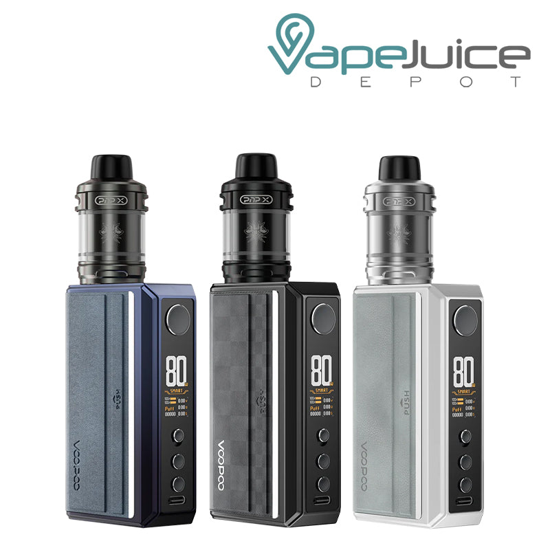 Three Colors of VooPoo DRAG 5 Box Mod Kit with adjustment button and display screen - Vape Juice Depot