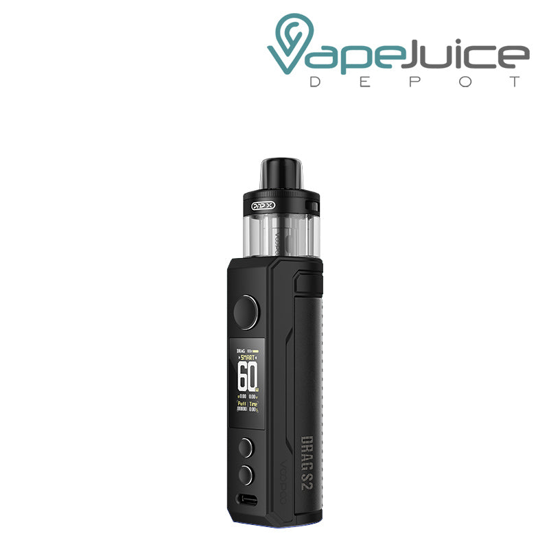 Spray Black VooPoo DRAG S2 Pod Kit with display screen, adjustment buttons and a firing button - Vape Juice Depot
