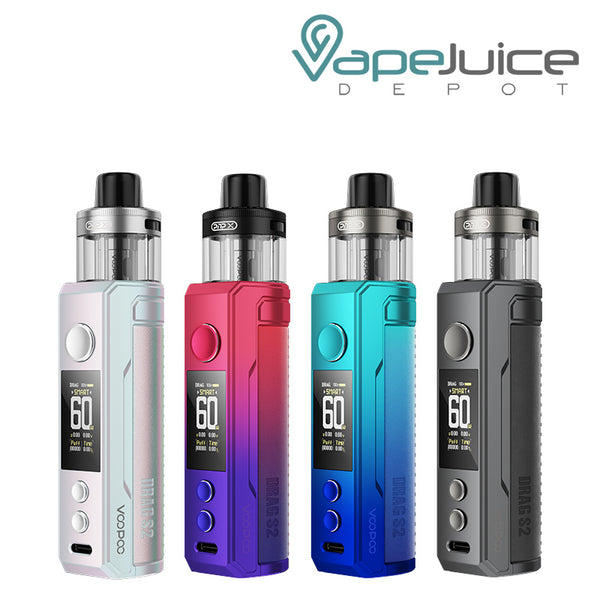 Four Colors of VooPoo DRAG S2 Pod Kit with display screen, adjustment buttons and a firing button - Vape Juice Depot