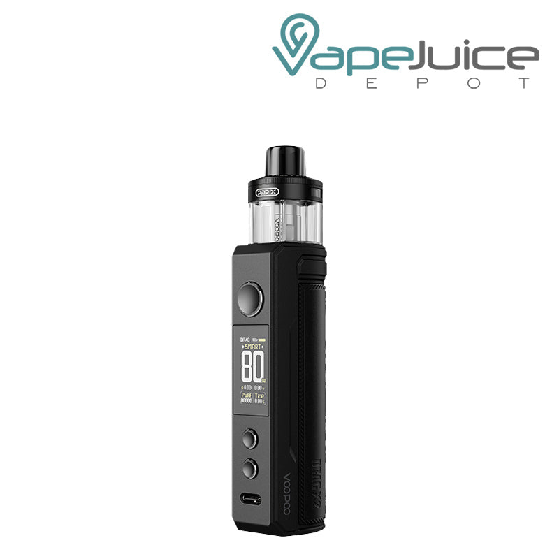Spray Black VooPoo DRAG X2 Pod Kit with display screen, adjustment buttons and a firing button - Vape Juice Depot