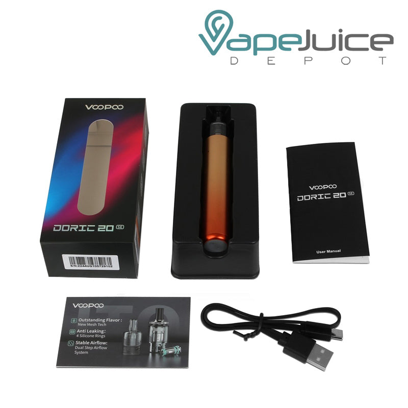 The box of VooPoo Doric 20 SE Pod Kit, kit, user manual and USB able next to it  - Vape Juice Depot