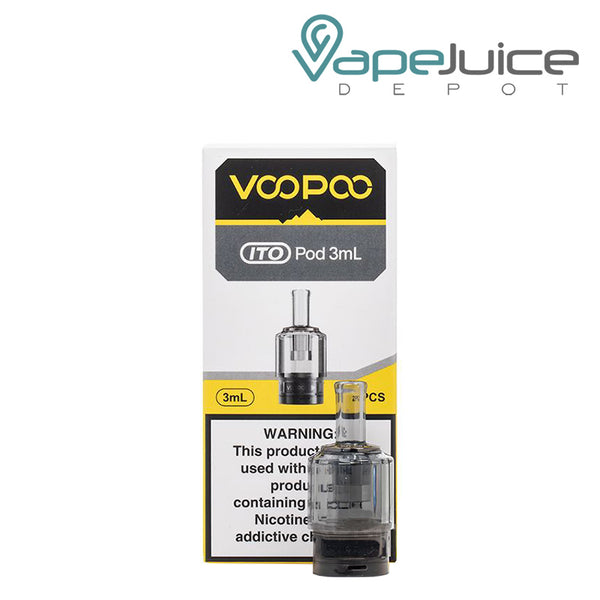 A Box of VooPoo ITO 3ml Pod Cartridge with a warning sign and a Pod next to it - Vape Juice Depot