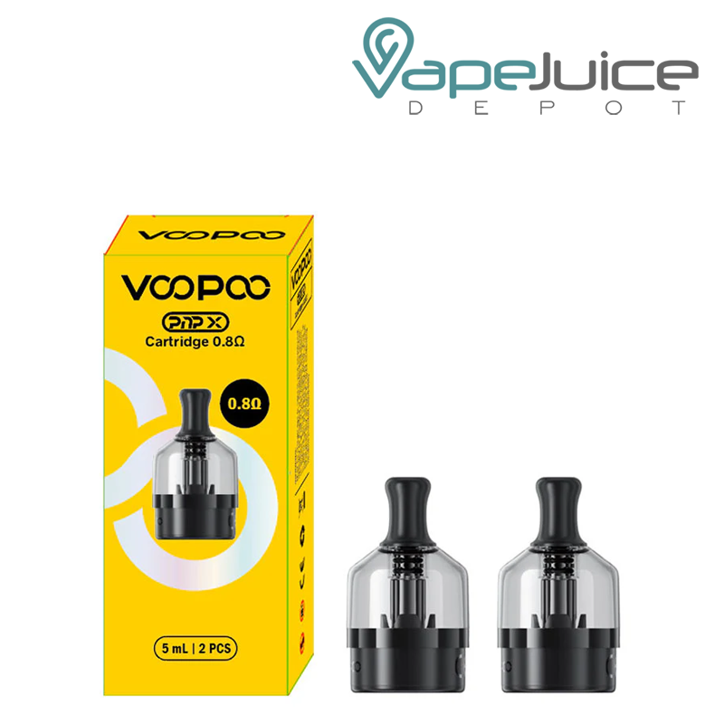 A Box of VooPoo PnP X Pod 0.8ohm Cartridge and two pods next to it - Vape Juice Depot