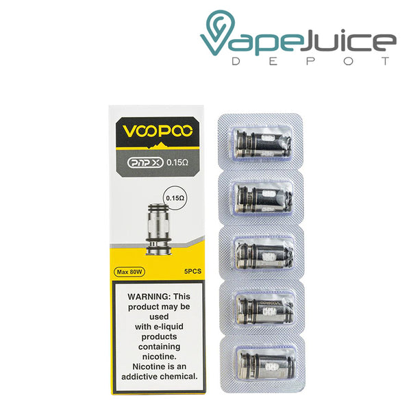 A Box of VooPoo PnP-X Replacement Coils and 0.15ohm five pack coils next to it - Vape Juice Depot