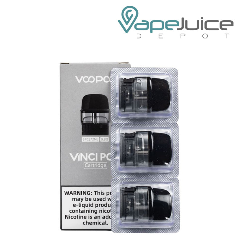 A Box of VooPoo VINCI Replacement Pods with a warning sign and a pack of pods next to it - Vape Juice Depot