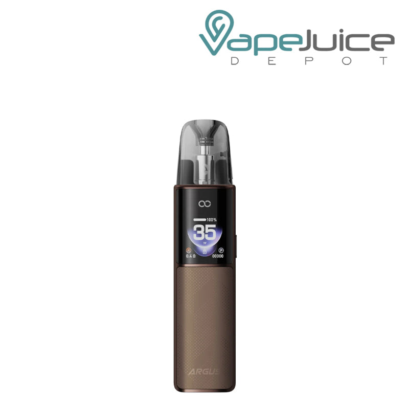 A Brown VooPoo ARGUS G4 Pod System Kit with a display screen - Vape Juice Depot