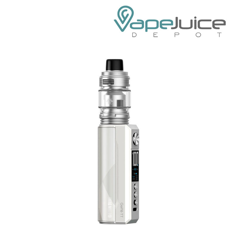 Side view of Pearl White VooPoo DRAG M100S Pod Mod Kit with display screen and adjustment buttons - Vape Juice Depot