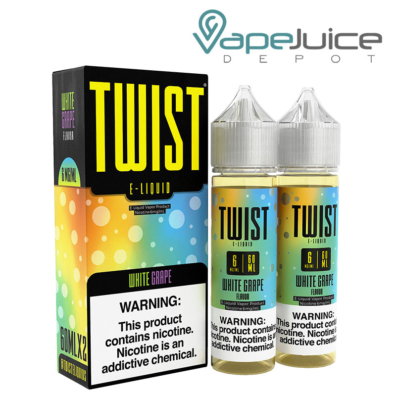 A box of Twist White Grape 6mg E-Liquid with a warning sign and two 60ml bottles next to it - Vape Juice Depot
