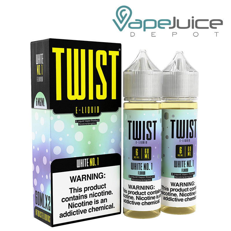 A box of White No 1 Twist 6mg E-Liquid with a warning sign and two 60ml bottles next to it - Vape Juice Depot