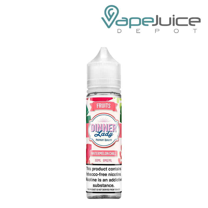 A 60ml bottle of Watermelon Chill Dinner Lady TFN 6mg with a warning sign - Vape Juice Depot