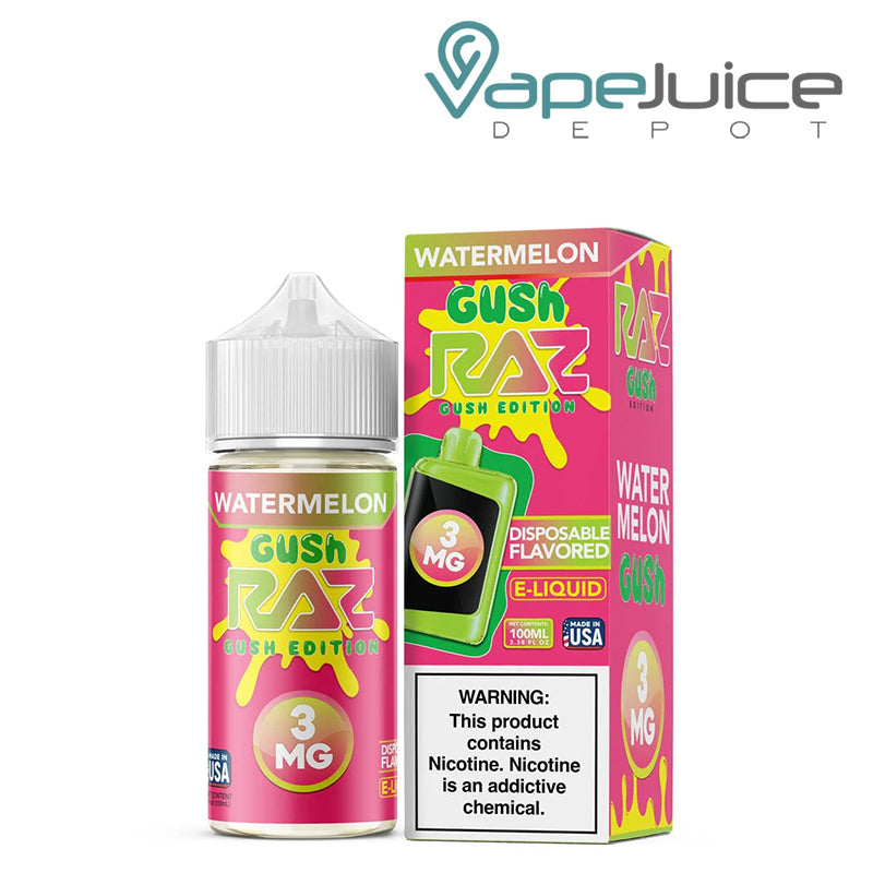 A 100ml bottle of Watermelon Gush Pod Juice x Raz and a box with a warning sign next to it - Vape Juice Depot