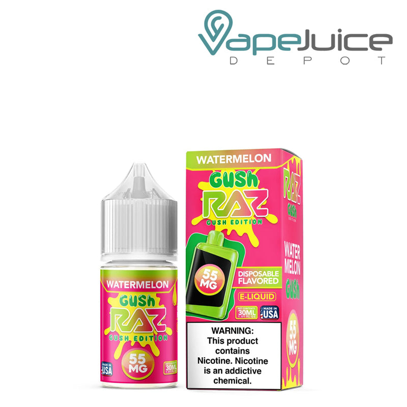 A 30ml bottle of Watermelon Gush Pod Juice x Raz Salt and a box with a warning sign next to it - Vape Juice Depot
