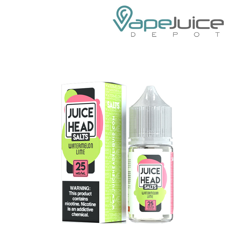 A box of 25mg Watermelon Lime Salts Juice Head with a warning sign and a 30ml bottle next to it - Vape Juice Depot
