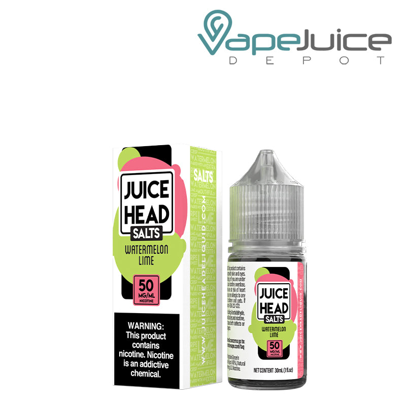 A box of 50mg Watermelon Lime Salts Juice Head with a warning sign and a 30ml bottle next to it - Vape Juice Depot