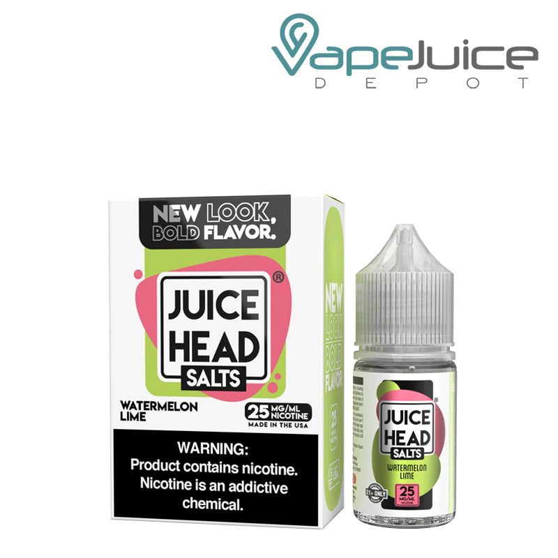 A Box of Watermelon Lime Salts Juice Head with a warning sign and a 30ml bottle next to it - Vape Juice Depot