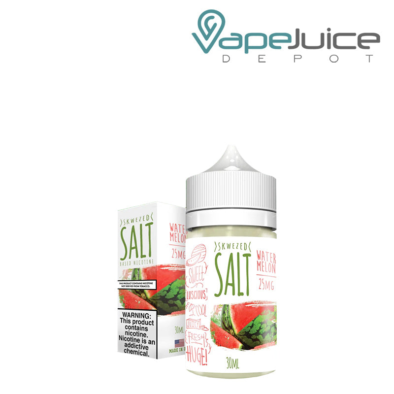 A box of Skwezed Salt Watermelon eLiquid with a warning sign and a 30ml bottle next to it - Vape Juice Depot