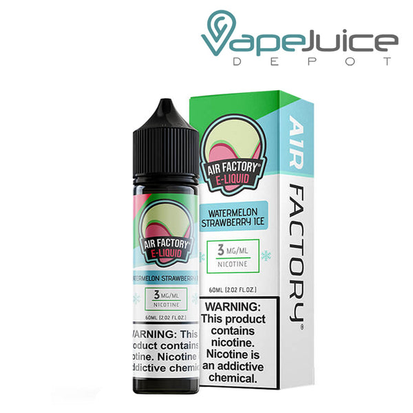 A 60ml bottle of Watermelon Strawberry Ice Air Factory eLiquid and a box with a warning sign next to it - Vape Juice Depot