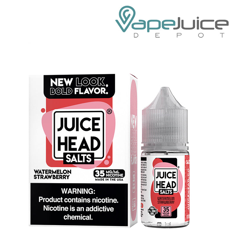 A Box of Watermelon Strawberry Salts Juice Head with a warning sign and a 30ml bottle next to it - Vape Juice Depot