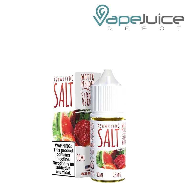 A box of Watermelon Strawberry Skwezed Salt with a warning sign and a 30ml bottle next to it - Vape Juice Depot