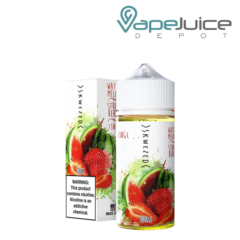 A box of Watermelon Strawberry Skwezed eLiquid with a warning sign and a 100ml bottle next to it - Vape Juice Depot