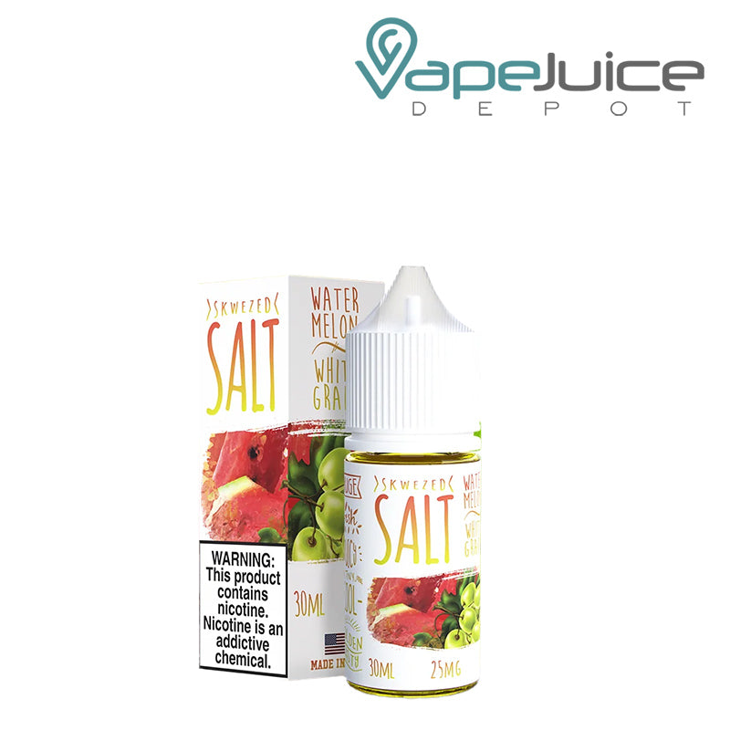 A box of Watermelon White Grape Skwezed Salt with a warning sign and a 30ml bottle next to it - Vape Juice Depot