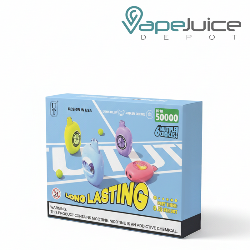 Side view of a box of Flum UT Bar 50K Promo Bundle featuring Aloe Grape, Wild Berry Drop, Watermelon Sour Peach with a warning sign – Vape Juice Depot