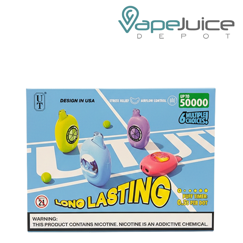 A box of Flum UT Bar 50K Promo Bundle featuring Aloe Grape, Wild Berry Drop, Watermelon Sour Peach with a warning sign – Vape Juice Depot