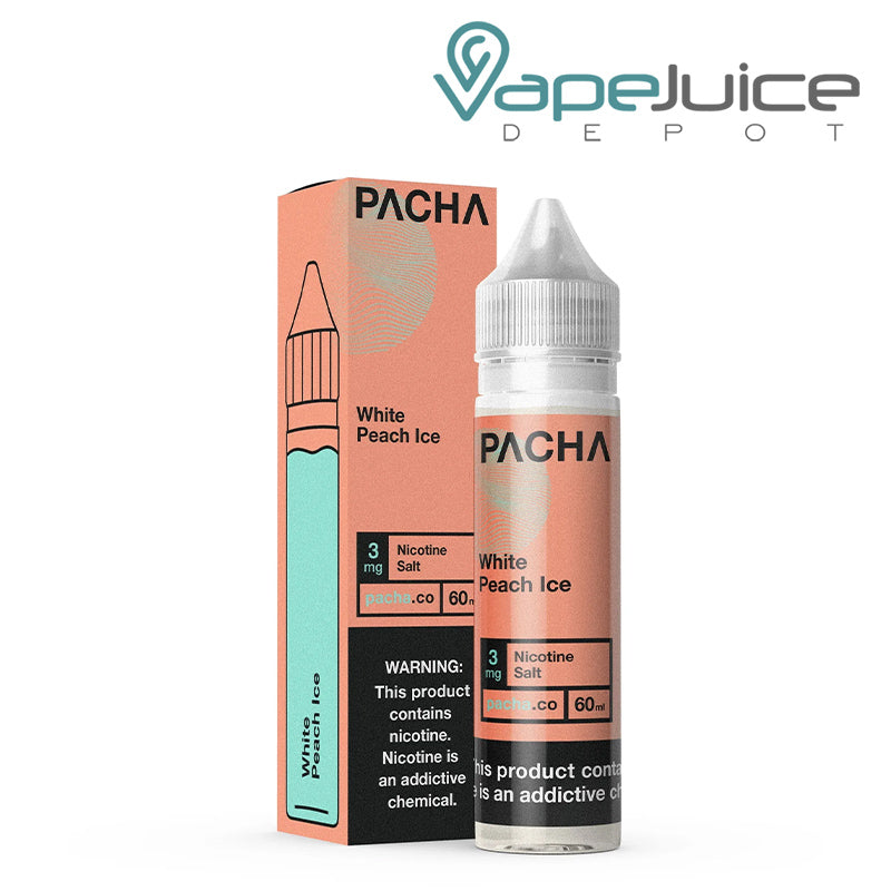 A box of White Peach Ice PachaMama eLiquid with a warning sign and a 60ml bottle next to it - Vape Juice Depot