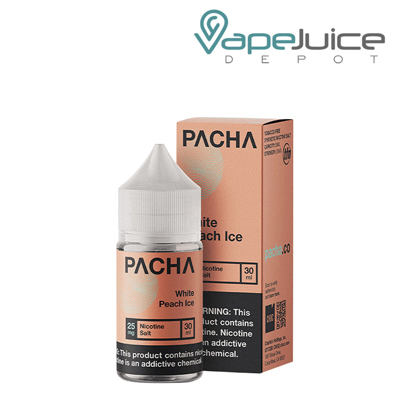 A 30ml bottle of White Peach Ice PachaMama salt and a box with a warning sign next to it - Vape Juice Depot
