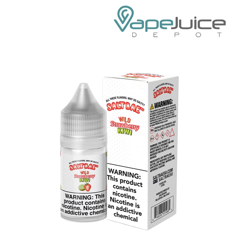 A 30ml bottle of Wild Strawberry Kiwi SaltBae50 Salt and a box with a warning sign next to it - Vape Juice Depot