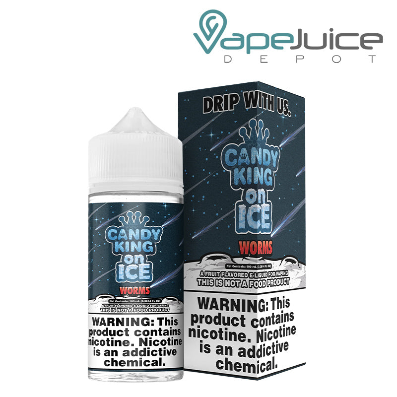 A 100ml bottle of Worms Candy King On Ice and a box with a warning sign next to it - Vape Juice Depot