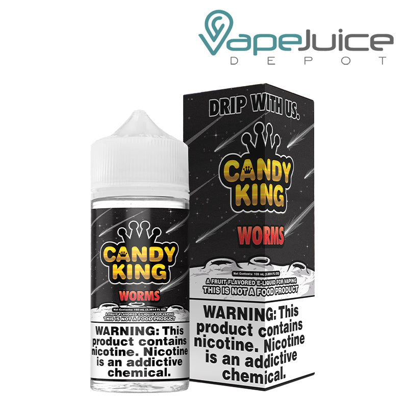 A 100ml bottle of Worms Candy King eLiquid and a box with a warning sign next to it - Vape Juice Depot