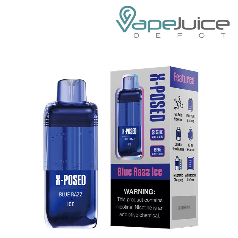 Blue Razz Ice X-Posed 35K Disposable Pods and a box with a warning sign next to it - Vape Juice Depot