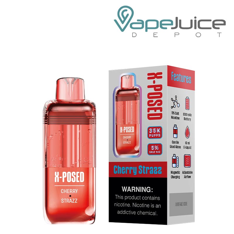 Cherry Strazz X-Posed 35K Disposable Pods and a box with a warning sign next to it - Vape Juice Depot