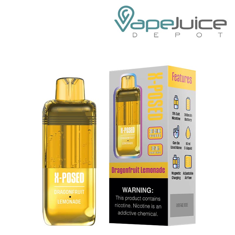 Dragonfruit Lemoade X-Posed 35K Disposable Pods and a box with a warning sign next to it - Vape Juice Depot