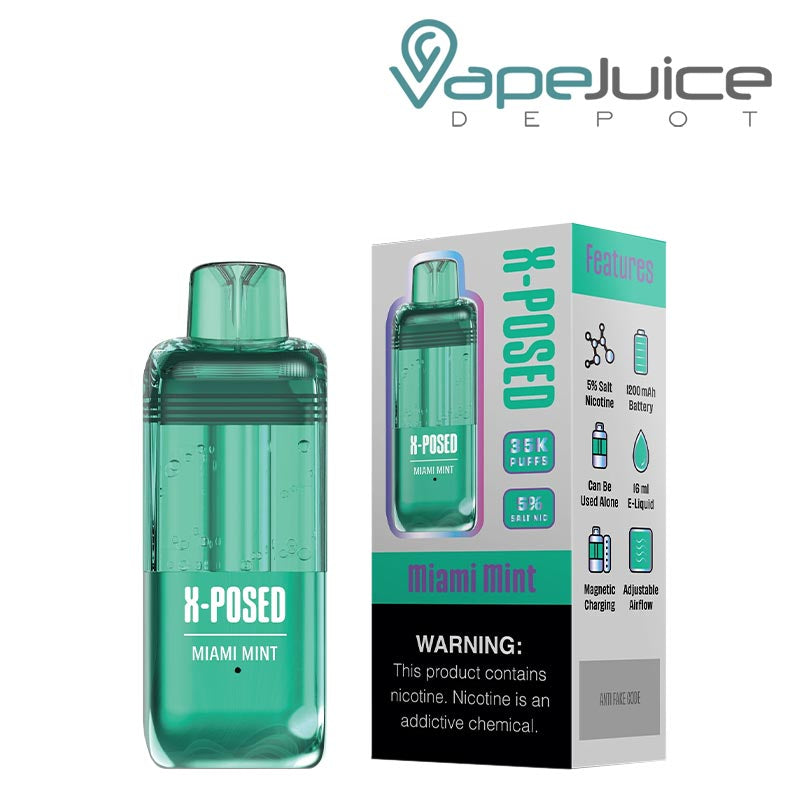 Miami Mint X-Posed 35K Disposable Pods and a box with a warning sign next to it - Vape Juice Depot