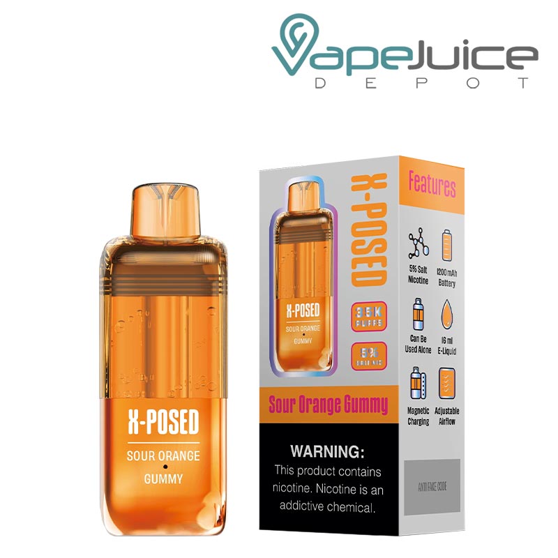 Sour Orange Gummy X-Posed 35K Disposable Pods and a box with a warning sign next to it - Vape Juice Depot