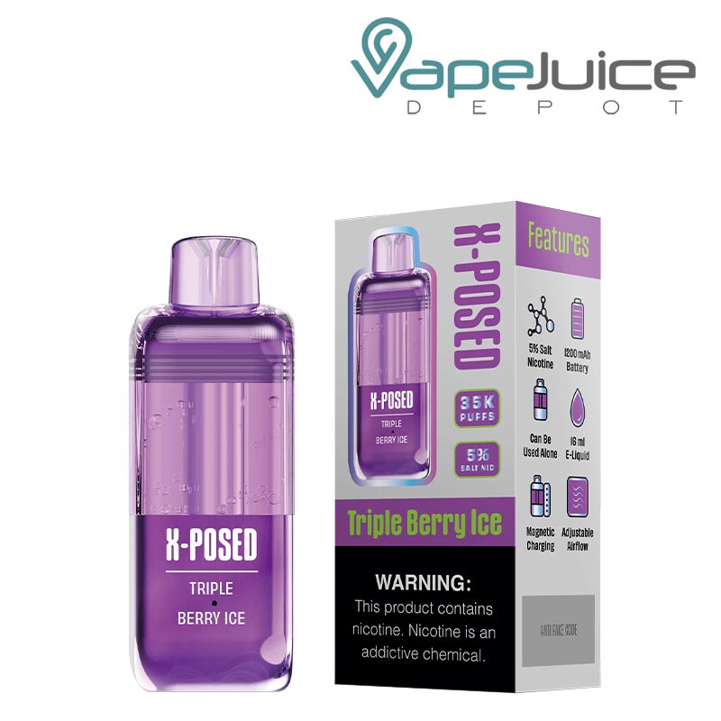 Triple Berry Ice X-Posed 35K Disposable Pods and a box with a warning sign next to it - Vape Juice Depot