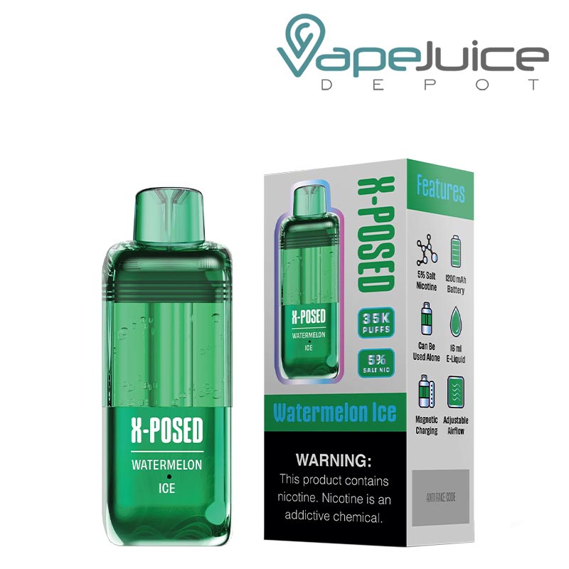Watermelon Ice X-Posed 35K Disposable Pods and a box with a warning sign next to it - Vape Juice Depot