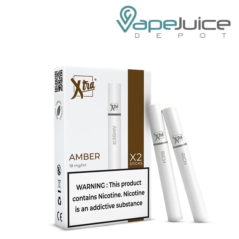 A Box of Amber Xtra Sticks with a warning sign and two sticks next to it - Vape Juice Depot