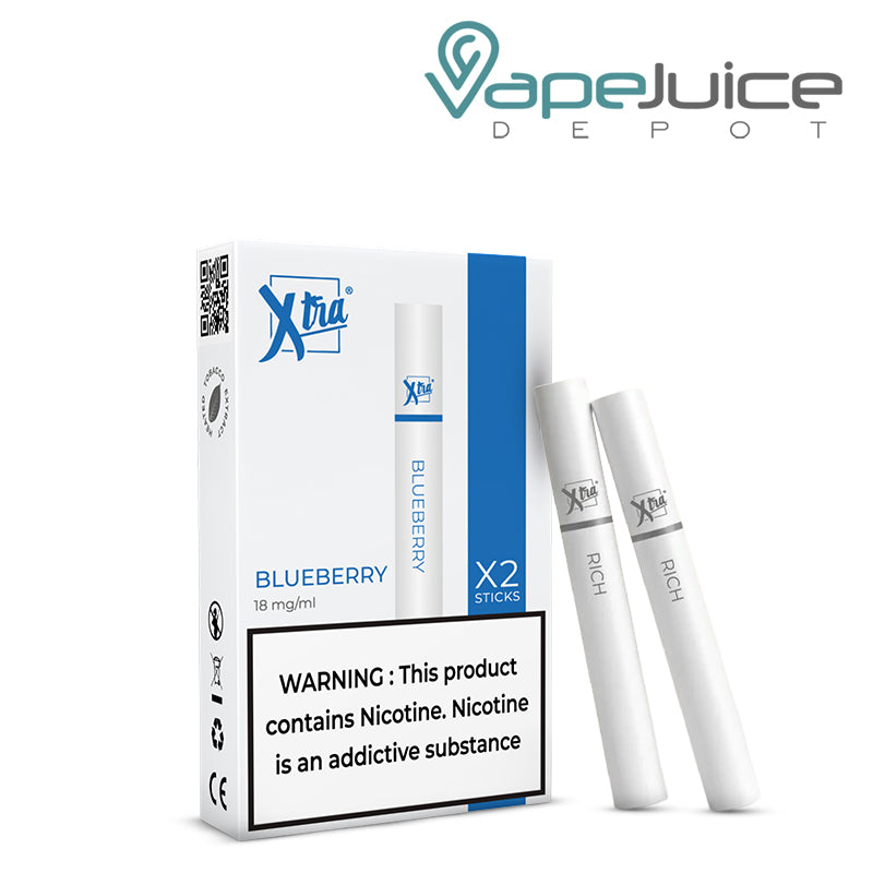 A Box of Bluberry Xtra Sticks with a warning sign and two sticks next to it - Vape Juice Depot