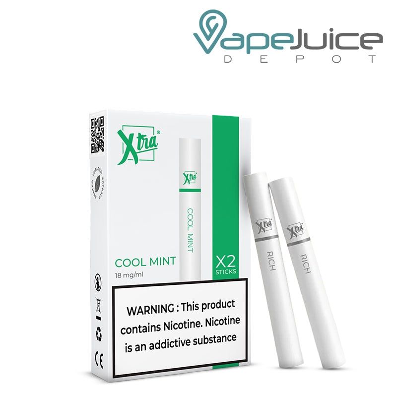 A Box of Cool Mint Xtra Sticks with a warning sign and two sticks next to it - Vape Juice Depot