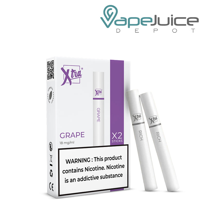 A Box of Grape Xtra Sticks with a warning sign and two sticks next to it - Vape Juice Depot