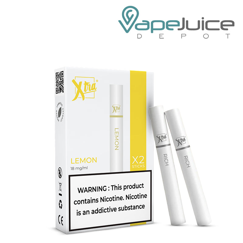 A Box of Lemon Xtra Sticks with a warning sign and two sticks next to it - Vape Juice Depot