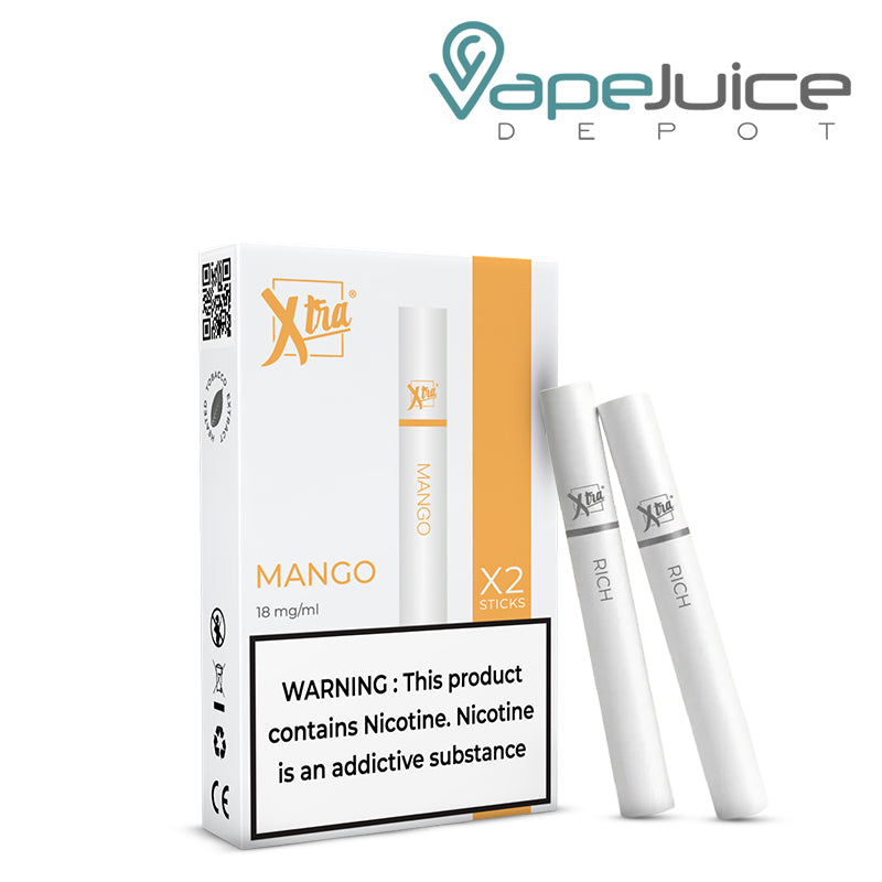 A Box of Mango Xtra Sticks with a warning sign and two sticks next to it - Vape Juice Depot