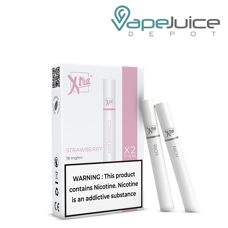 A Box of Strawberry Xtra Sticks with a warning sign and two sticks next to it - Vape Juice Depot