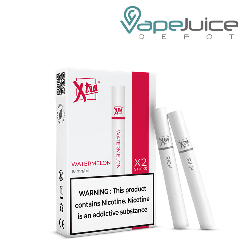 A Box of Watermelon Xtra Sticks with a warning sign and two sticks next to it - Vape Juice Depot