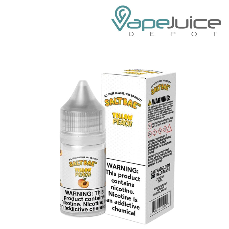 A 30ml bottle of Yellow Peach SaltBae50 Salt and a box with a warning sign next to it - Vape Juice Depot