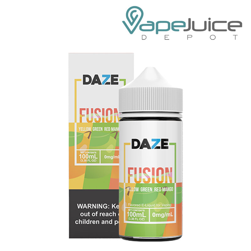 A box of Yellow Green Red Mango 7 Daze Fusion with a warning sign and a 100ml bottle next to it - Vape Juice Depot