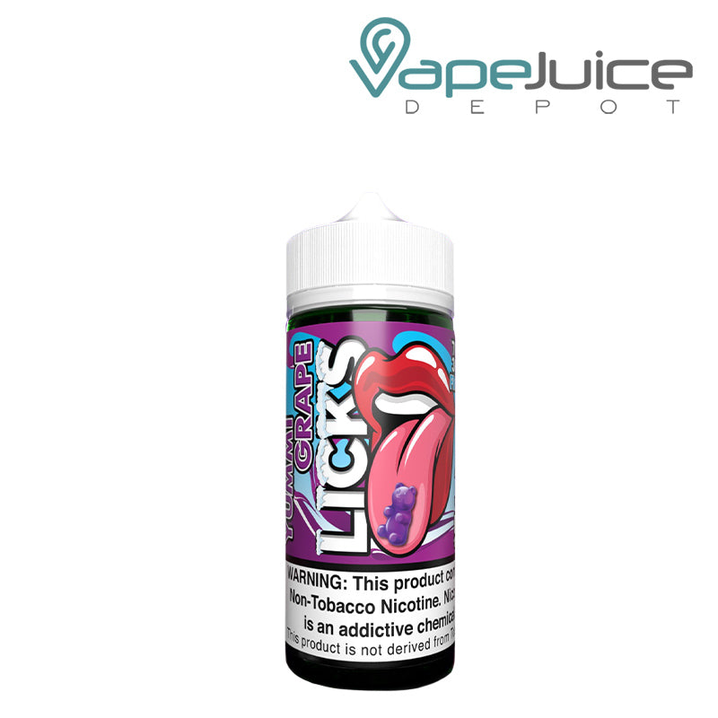 A 100ml bottle of Yummi Grape Frozty LICKS Roll Upz with a warning sign - Vape Juice Depot